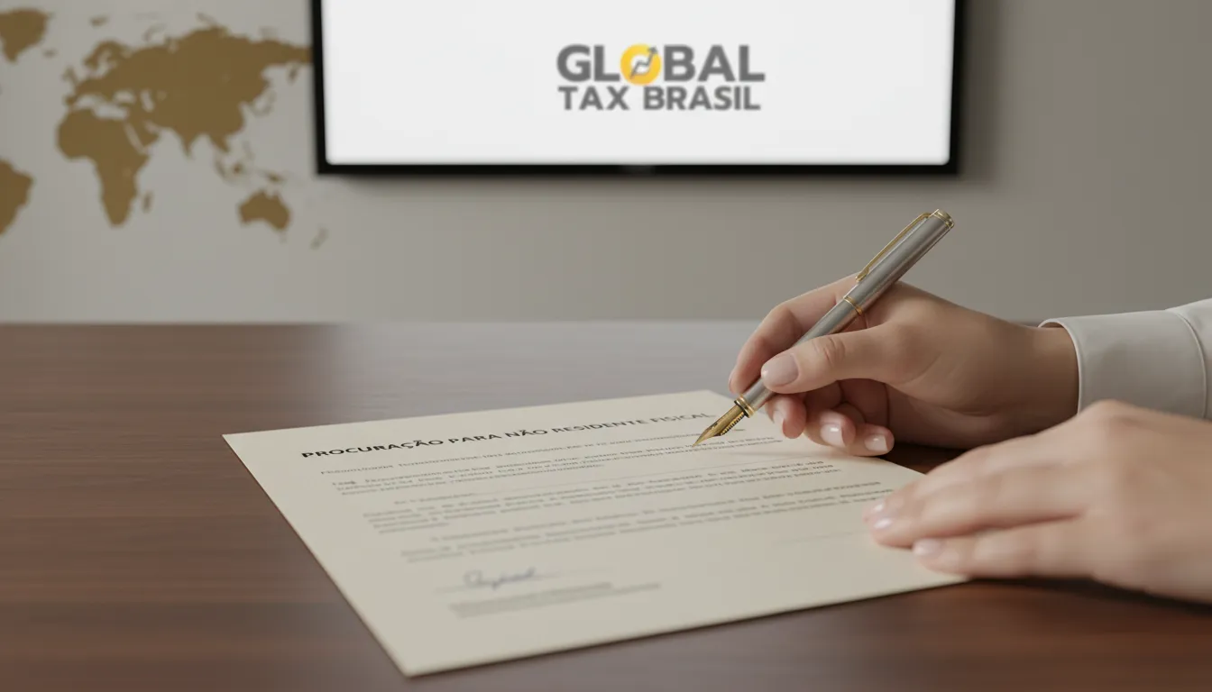 Mãos assinando formalmente uma procuração para não residente fiscal, com mapa mundial ao fundo.