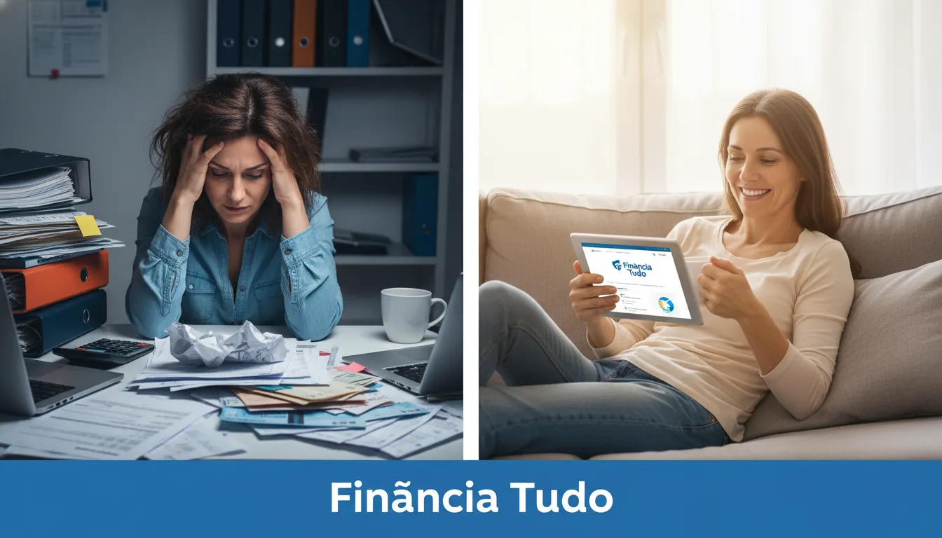 Imagem comparativa mostrando a diferença entre a dificuldade financeira e a solução facilitada pelo empréstimo com caminhão em garantia da Financia Tudo.