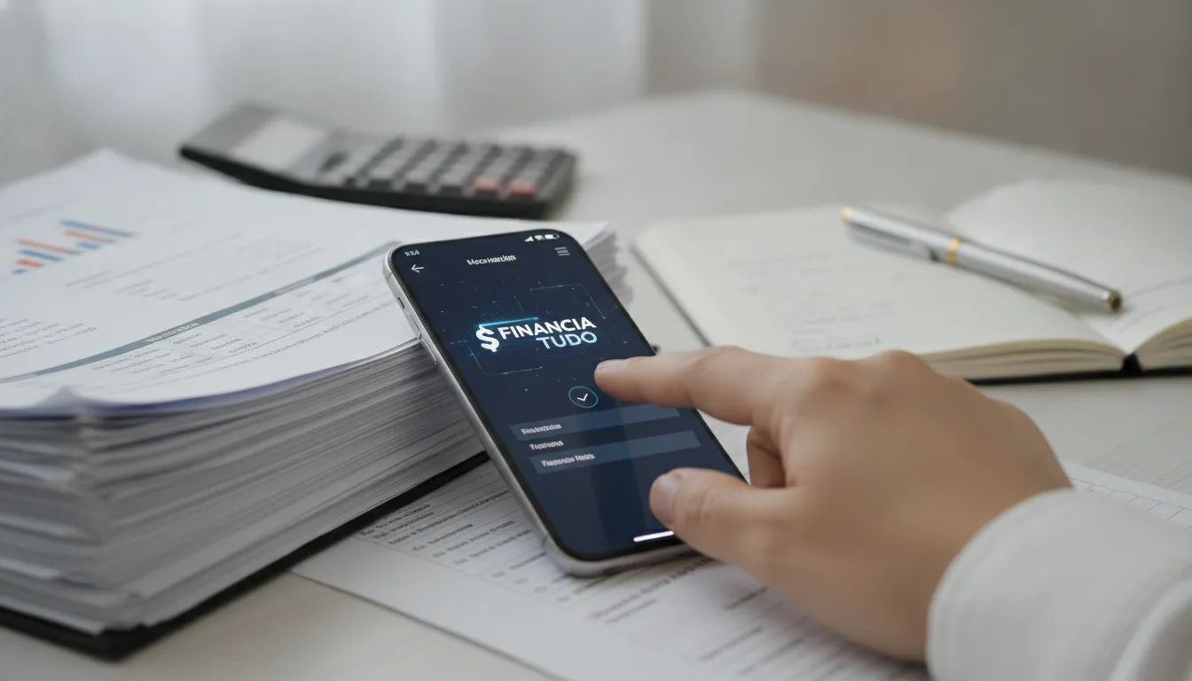 Documentos e smartphone com aplicativo de financiamento, destacando requisitos para financiamento de caminhão para MEI.