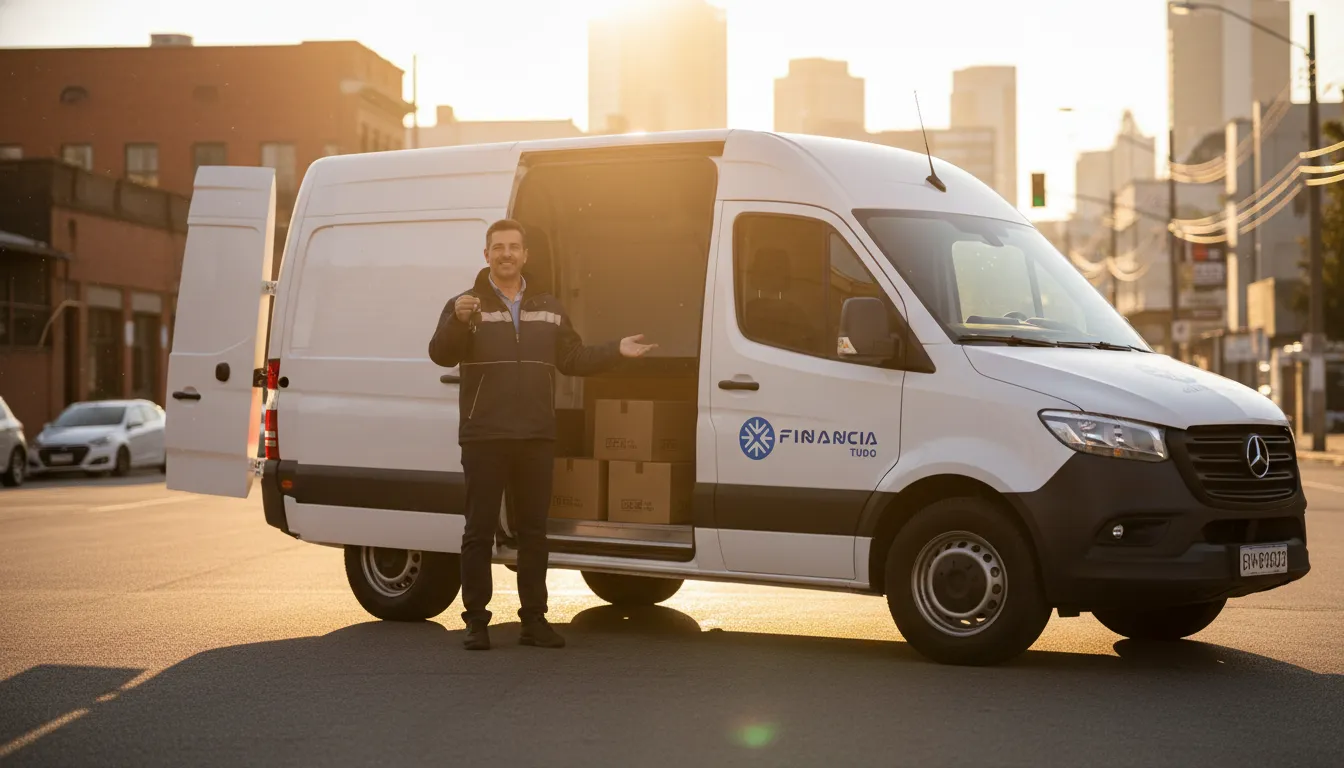 Motorista autônomo sorri ao lado do veículo financiado, simbolizando o sucesso através do crédito com veículo.