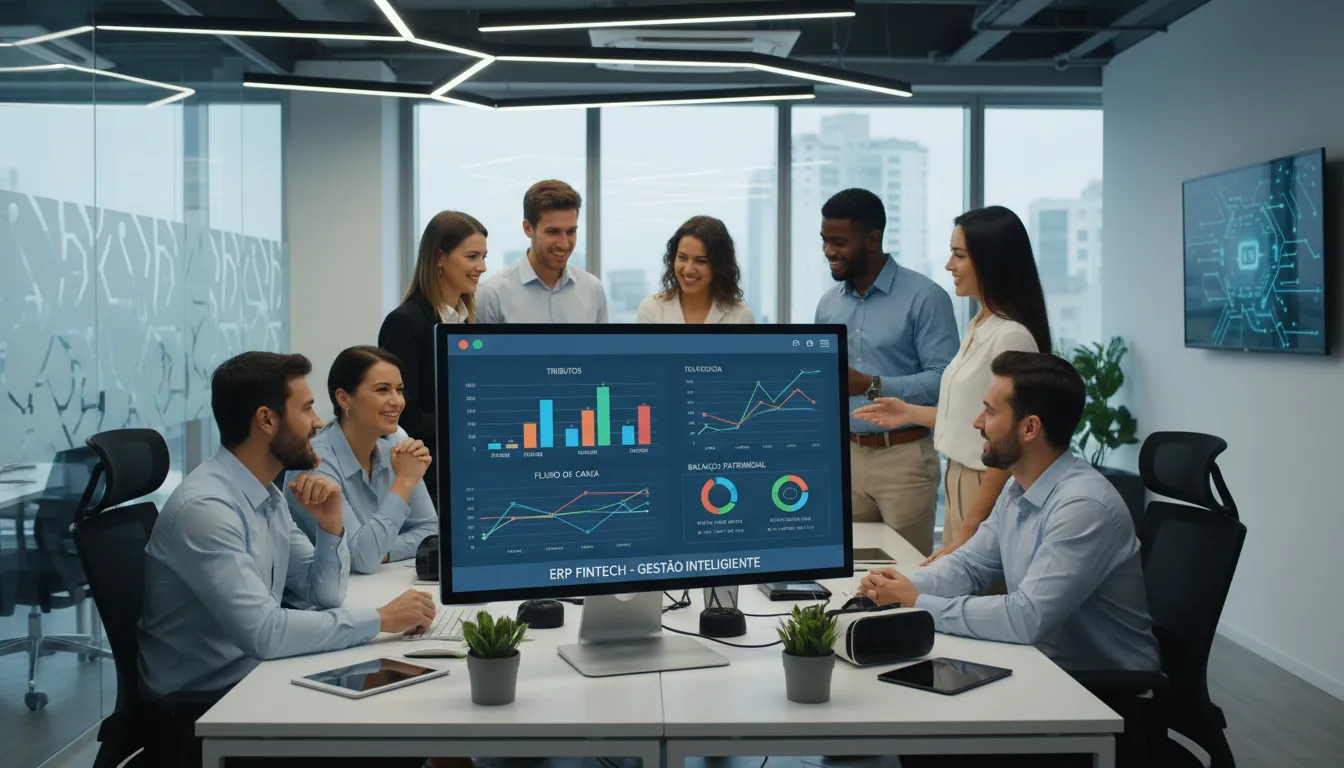 Equipe utilizando sistema ERP moderno para controlar tributos e margens afetadas pelo imposto seletivo.