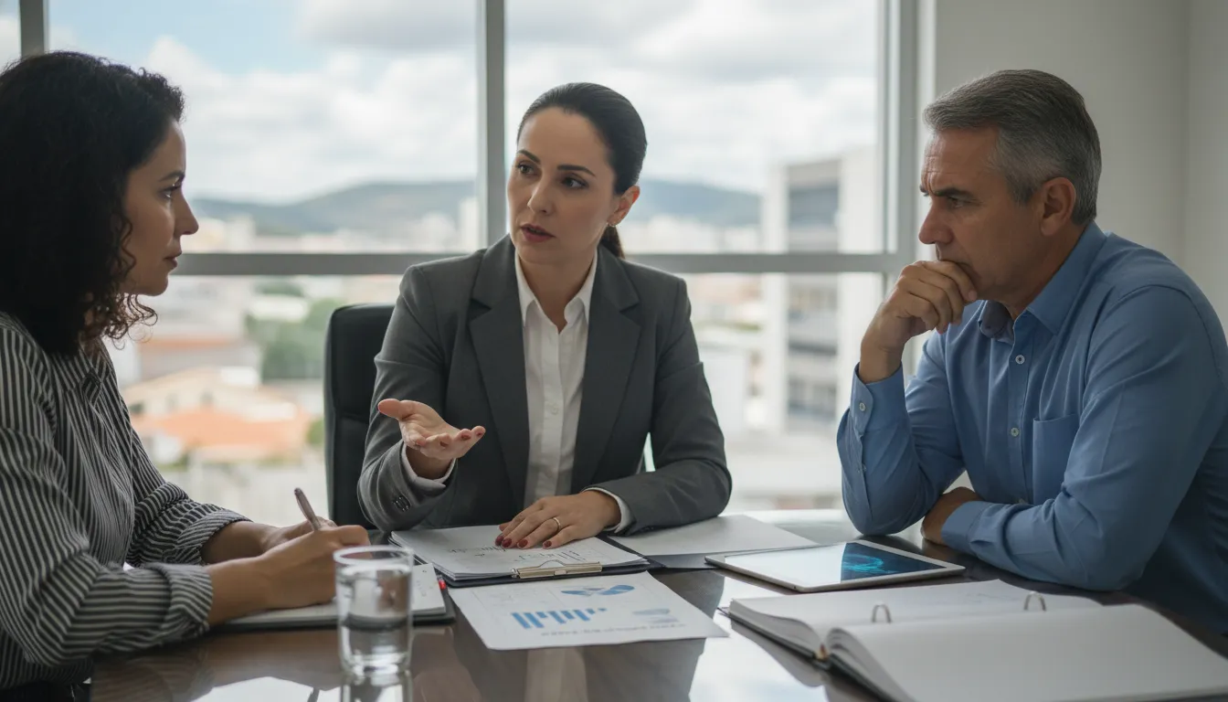 Advogado em Ourinhos discute caso de plano de saúde com clientes em reunião focada e detalhada.