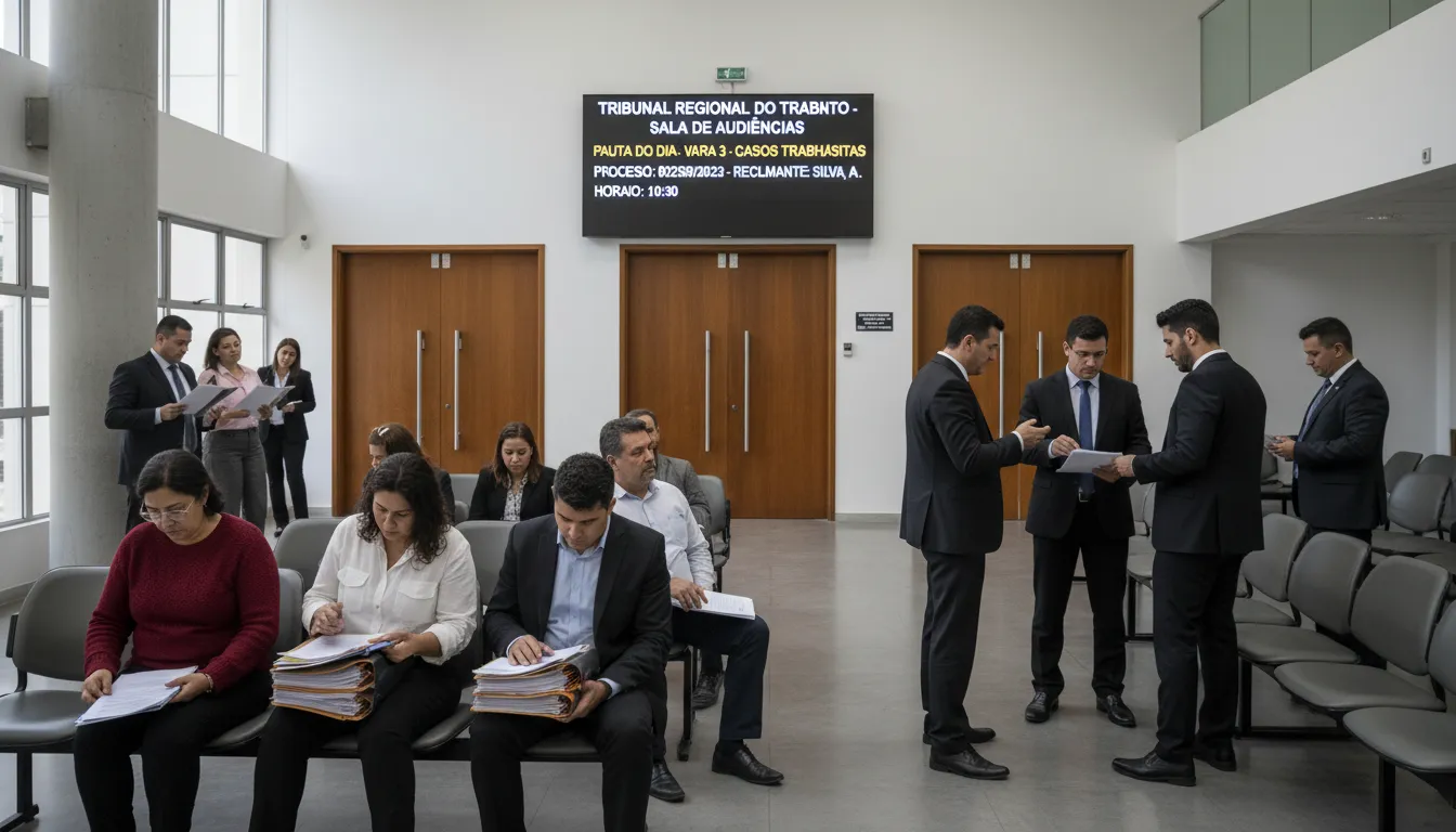 Pessoas aguardando audiência e advogados orientando clientes em tribunal do trabalho.