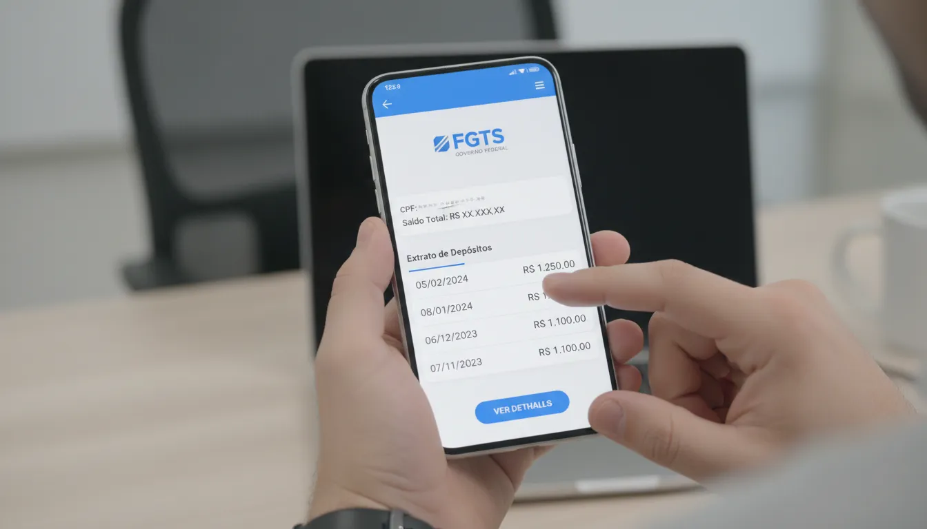 Consulta do extrato do FGTS pelo app oficial em smartphone, detalhando depósitos vinculados ao CPF.