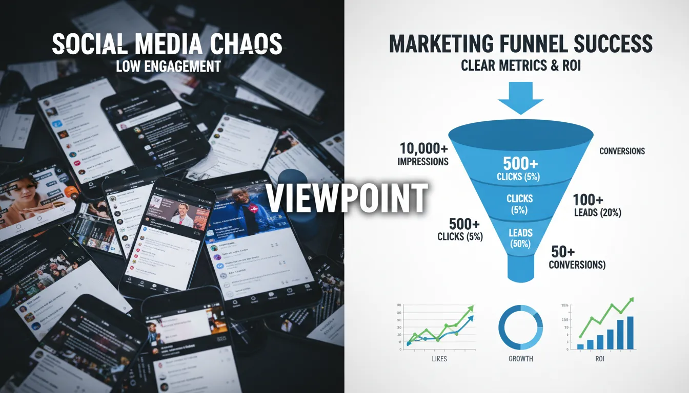 Visualização comparativa de marketing caótico vs. funil estruturado, destacando a importância de dados claros na mensagem apresentação clientes whatsapp.