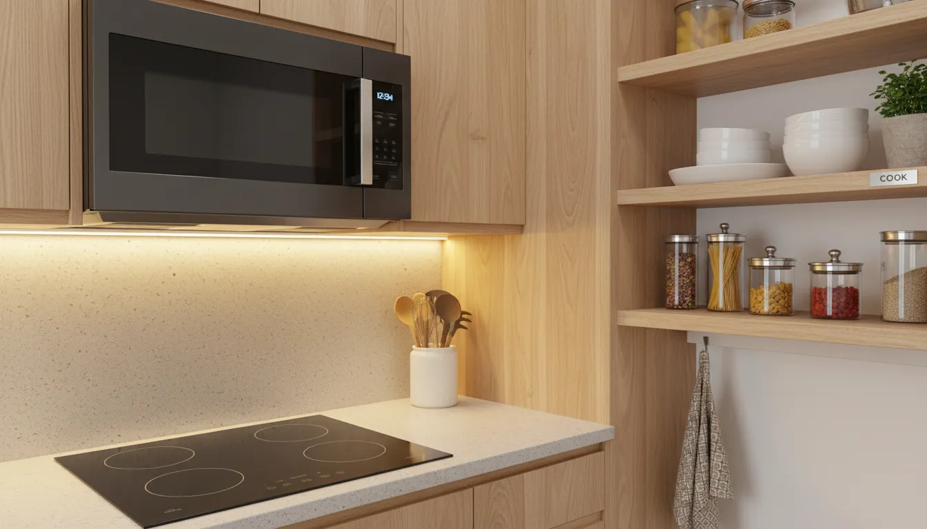 Detalhes de cozinha planejada: cooktop, micro-ondas, móveis planejados e utensílios organizados.