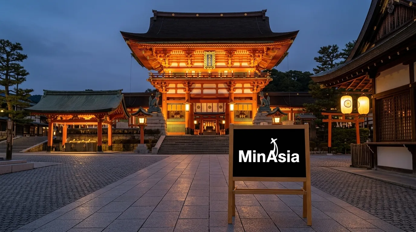 Entrada principal iluminada a noite do templo Fushimi Inari com lanternas acesas.