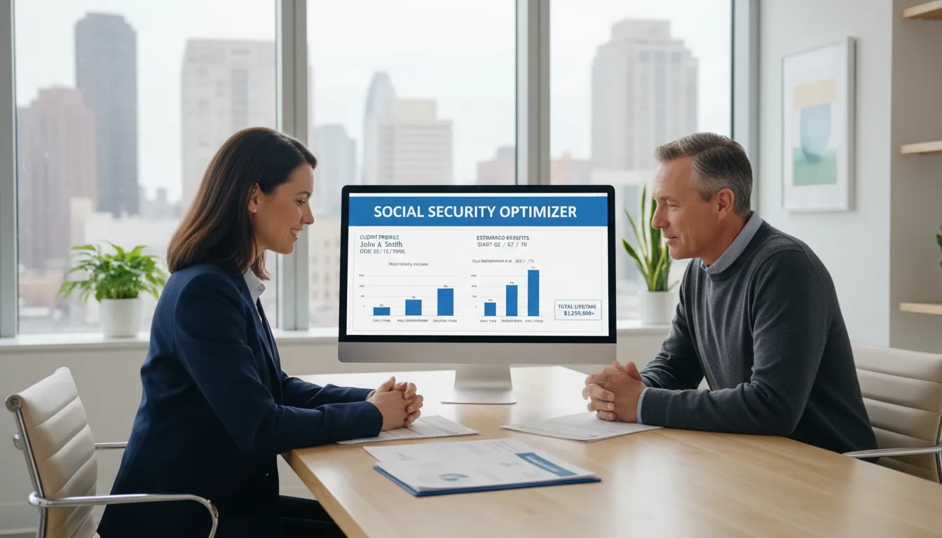 Consultor explicando planejamento previdenciário detalhado para cliente em escritório moderno.