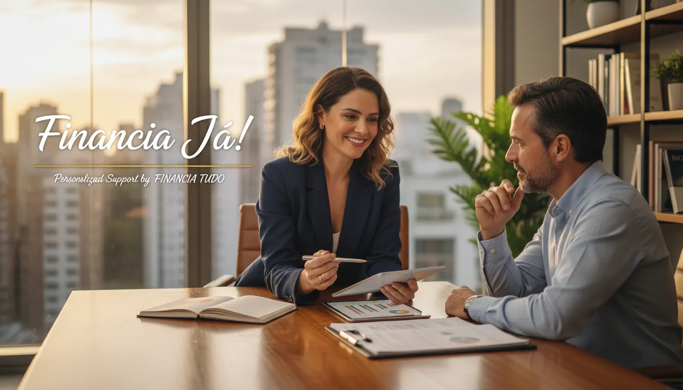 Consultor financeiro discutindo opções de investimentos com um cliente, enfatizando o suporte personalizado da Financia Tudo para ajudar a diversificar investimentos de forma estratégica.