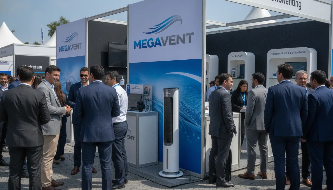 Ventilador para eventos MegaVent em feira comercial movimentada, proporcionando ambiente fresco e agradável.