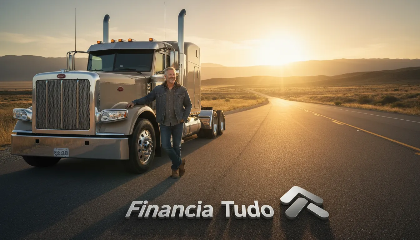 Caminhoneiro(a) confiante, com seu caminhão, planeja futuro após entrada financiamento caminhão bem-sucedida.