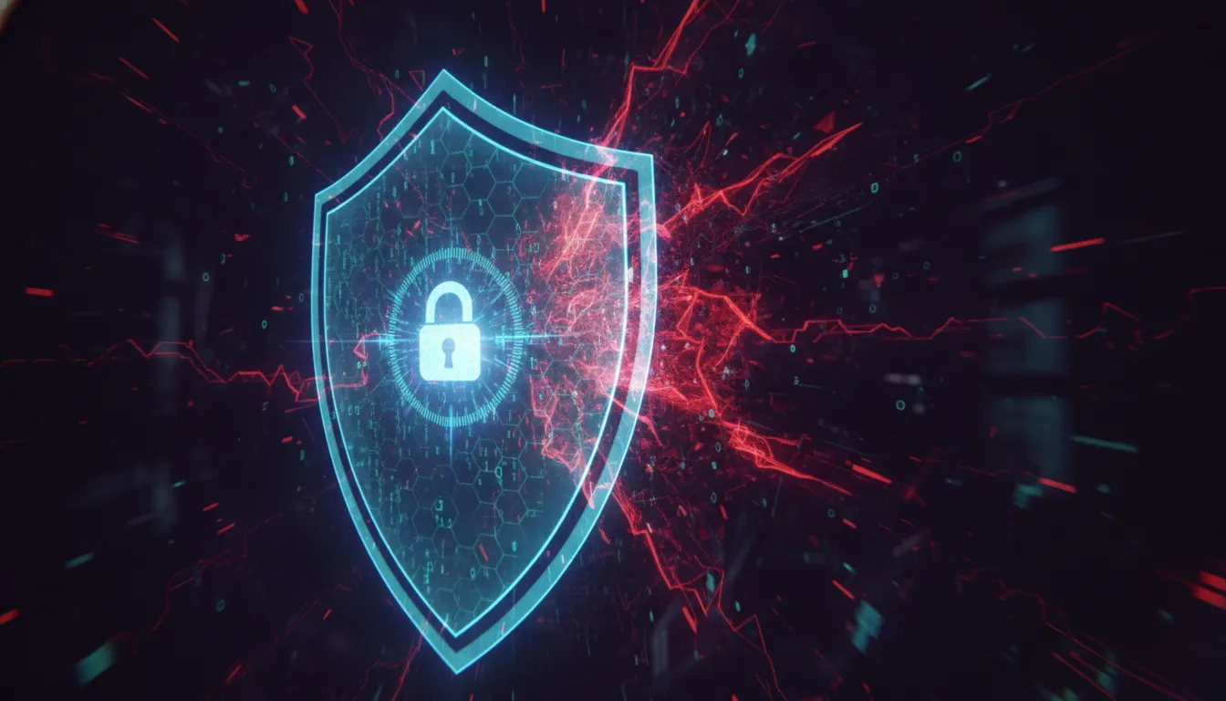 Escudo digital com senha forte defendendo contra ataque cibernético, prevenindo vazamento de dados.