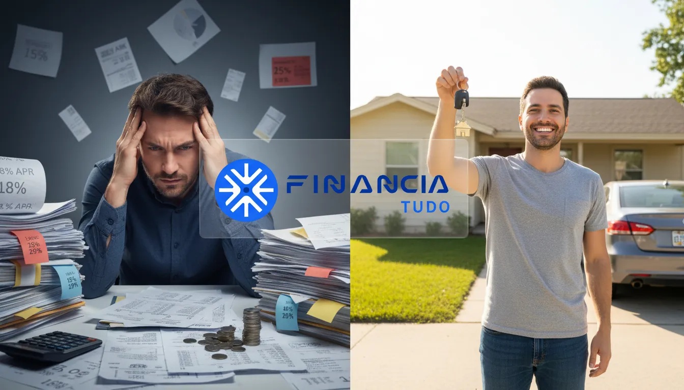 Comparativo: antes e depois de reduzir juros com garantia de veículo pela Financia Tudo, alcançando liberdade financeira.