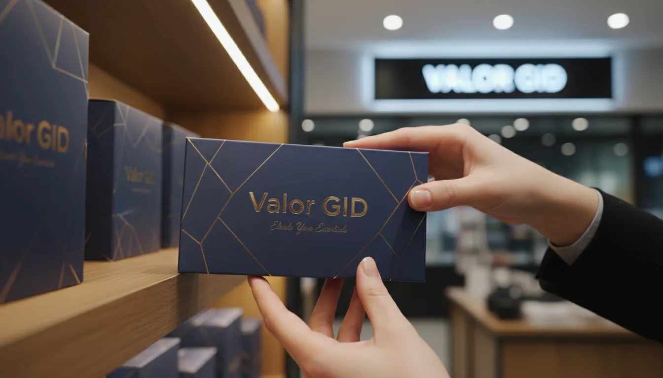 Consumidor escolhendo produto cuja embalagem valor percebido é influenciada pelo design, em ambiente de loja, com a marca GID em destaque.