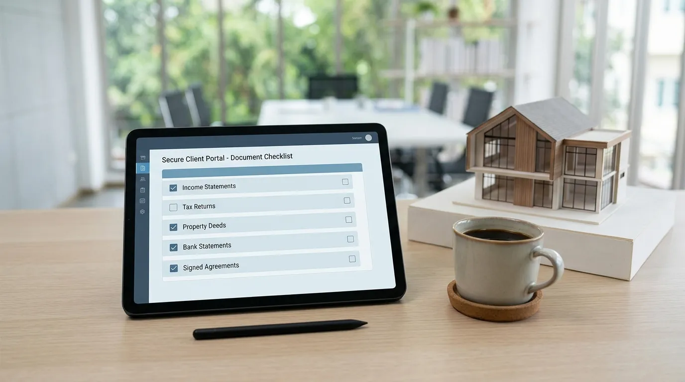 Checklist digital dos principais documentos para home equity em um tablet moderno sobre a mesa.