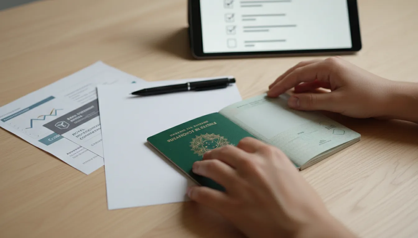 Mãos organizando documentos para o visto Schengen em uma mesa, com passaporte aberto e checklist digital. Processo de solicitação.