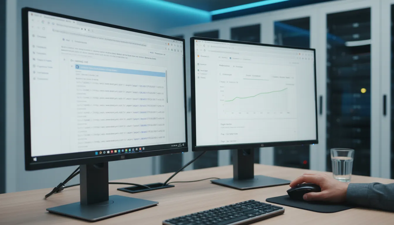 Como Fazer Site Aparecer no Google em 30 Dias (Realista) 1 Tela com sitemap e Google Search Console sendo gerenciados em escritório tecnológico.