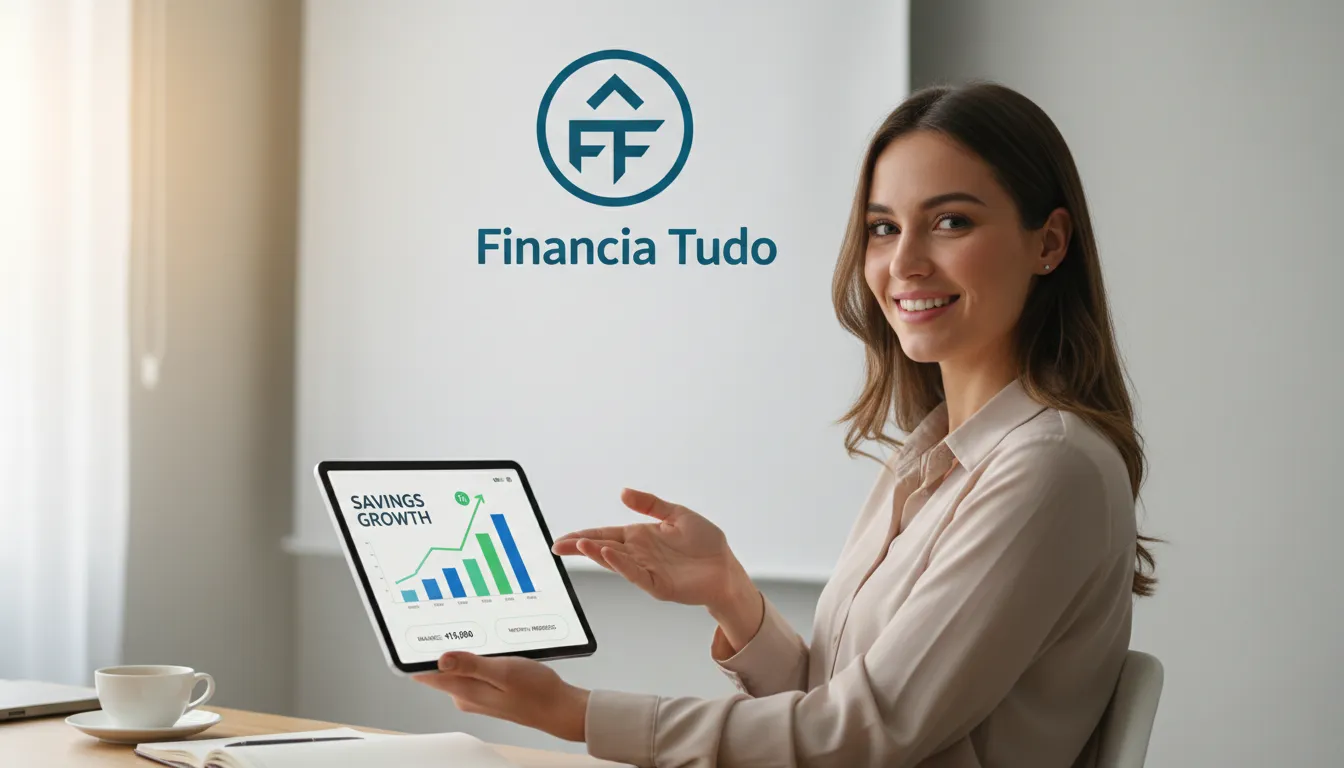 Um jovem profissional gerenciando suas finanças em um tablet, com gráficos mostrando crescimento de poupança, representando os benefícios de ter uma conta digital gratuita e acesso facilitado pela Financia Tudo.