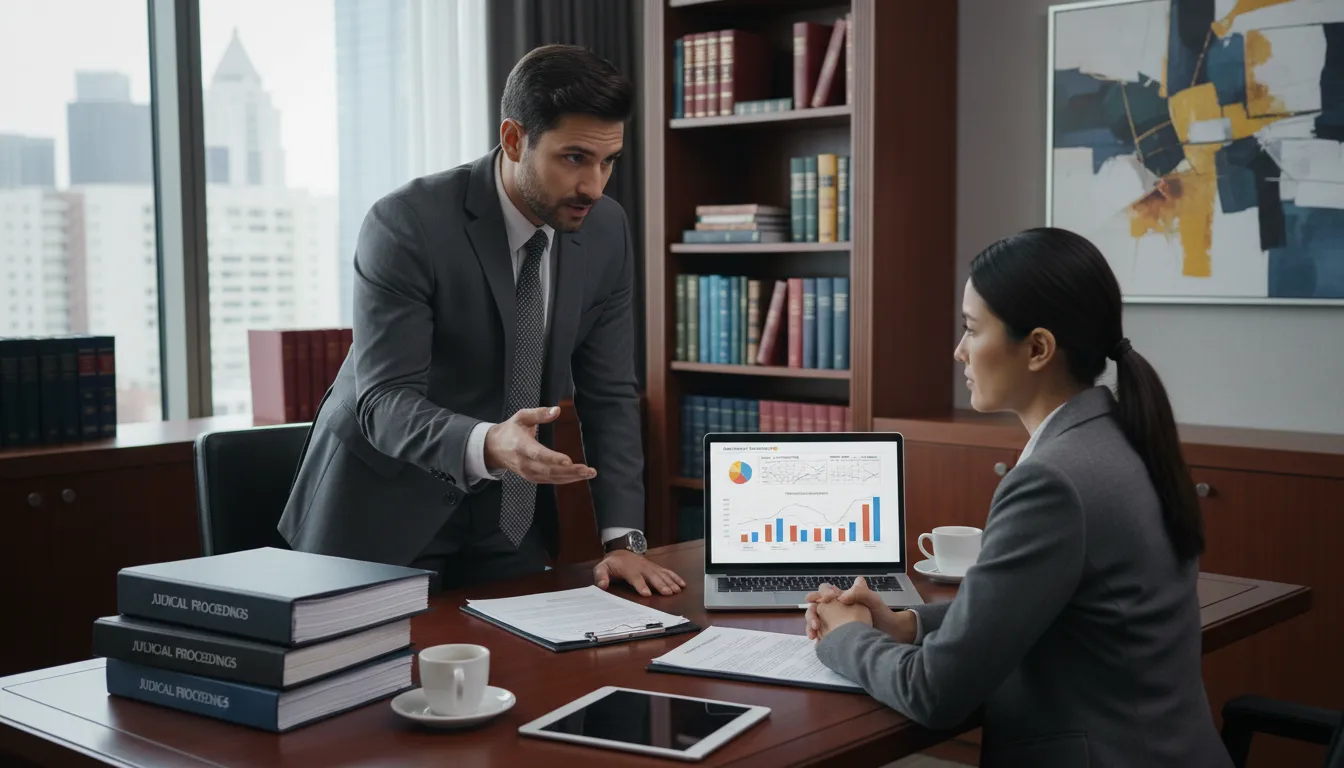 Advogado orientando cliente sobre questões judiciais relacionadas a conta bancária
