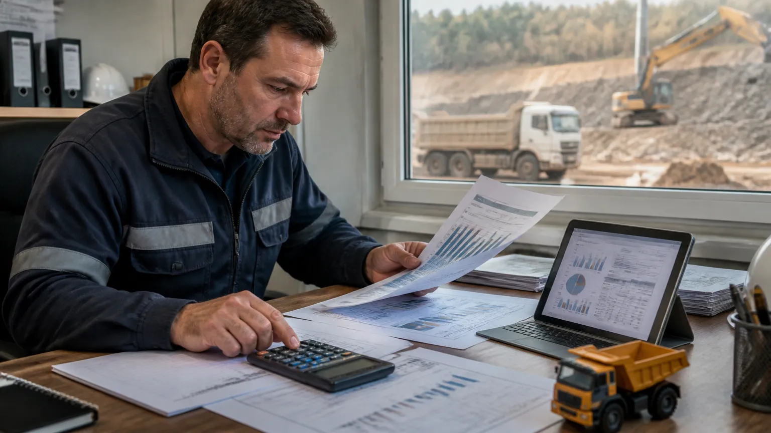 Planilha de cálculo de custos para financiamento de caminhão basculante em obras.
