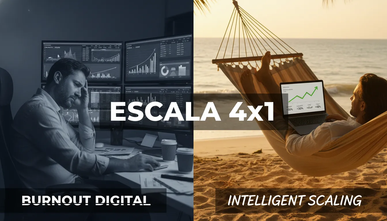 Contraste entre burnout digital e escala inteligente com IA para vendas. Saiba como vender serviços posicionando meu site com SEO Local com IA.
