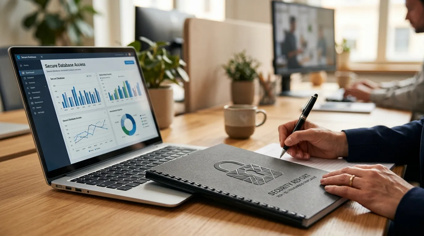 Relatório de segurança e laptop alinhados às diretrizes da consultoria ISO 27001 em escritório.