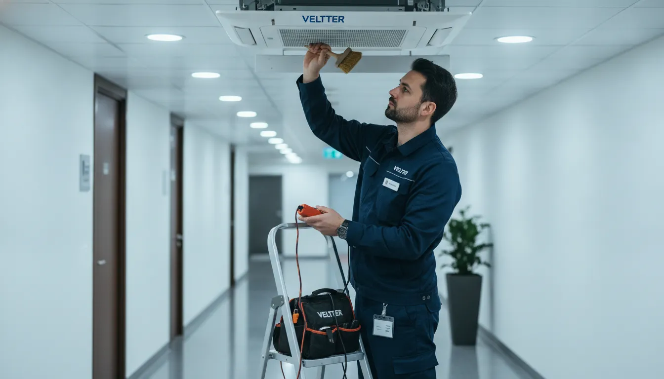 Técnico Veltter realizando manutenção preventiva em um ar condicionado cassete, assegurando sua eficiência.