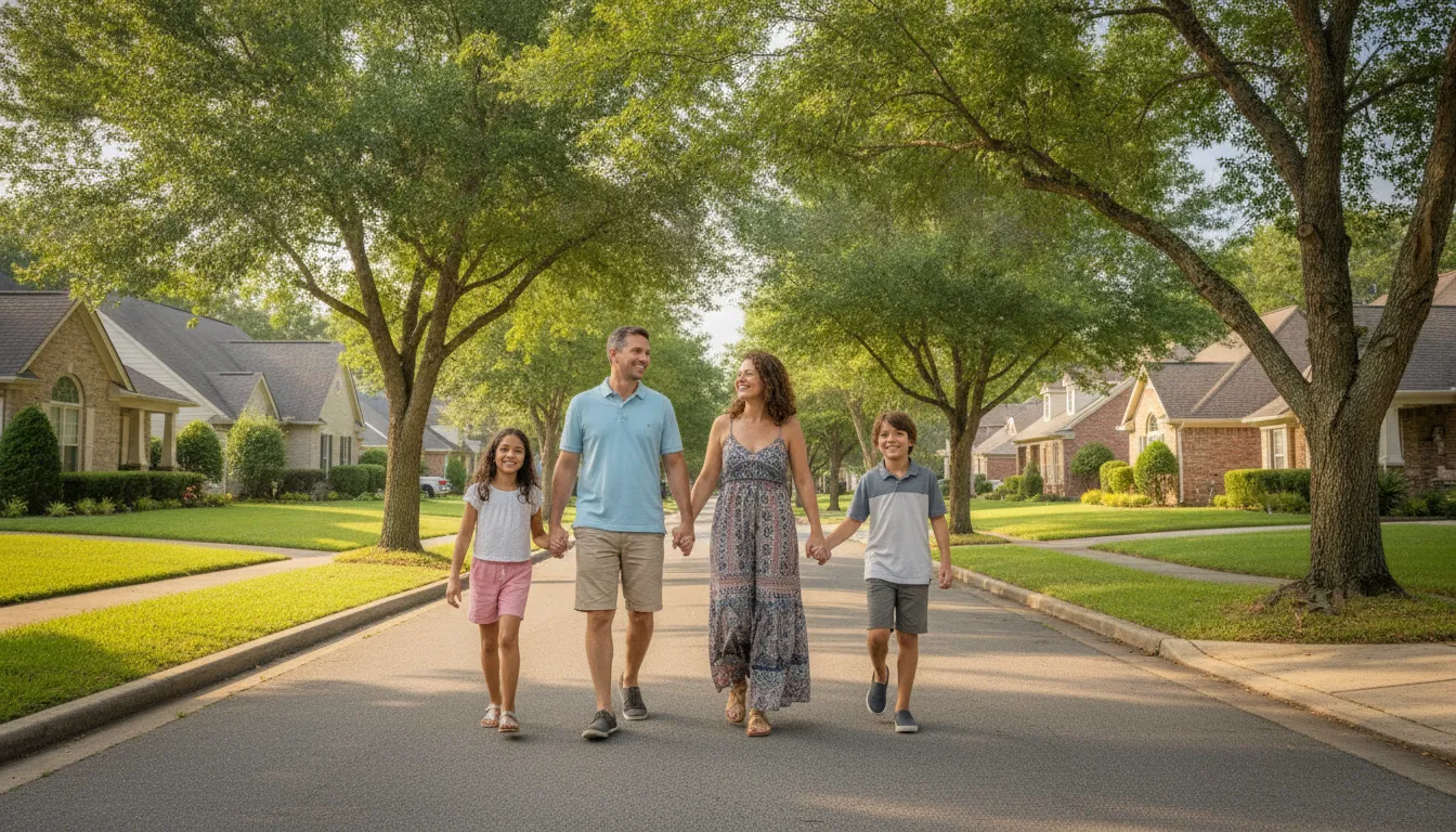 Família brasileira feliz em bairro EUA, simbolizando vantagens offshore eua. Futuro promissor e planejamento.
