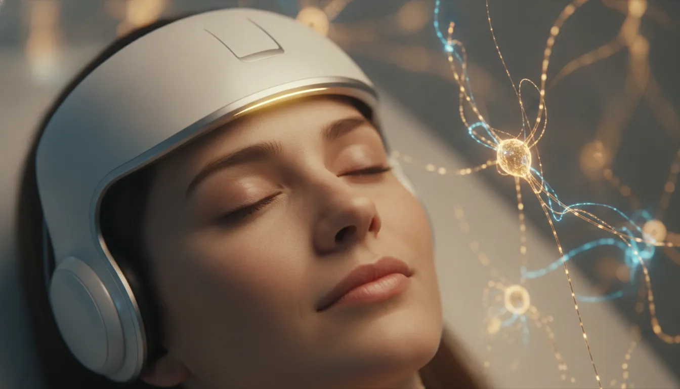 Paciente em tratamento de neuromodulação, com expressão serena, simbolizando a neuroplasticidade e o bem-estar mental.