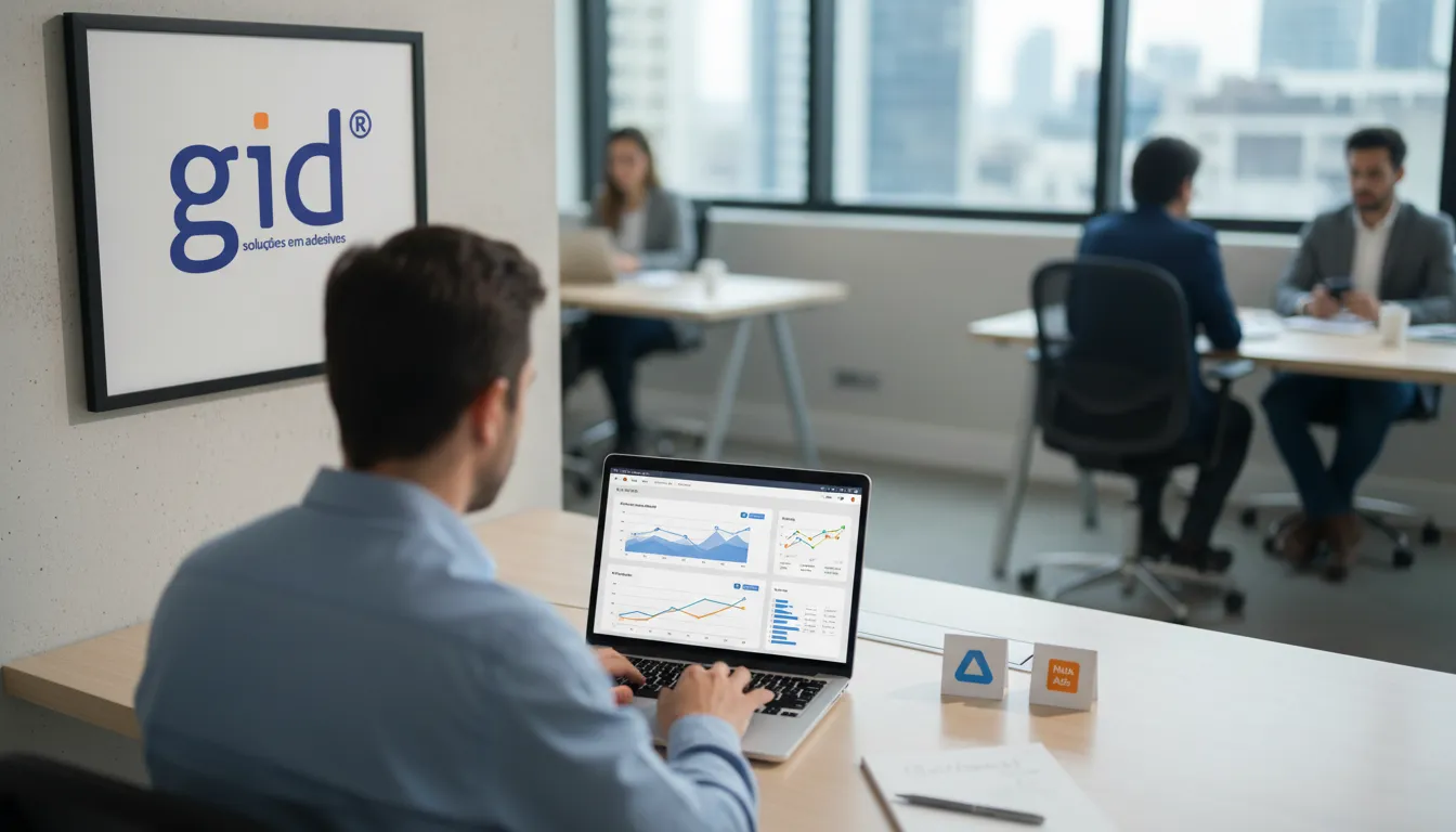 Pessoa analisando dados de crescimento digital, com ícones de Google Ads e Meta Ads na mesa, simbolizando escolha estratégica.