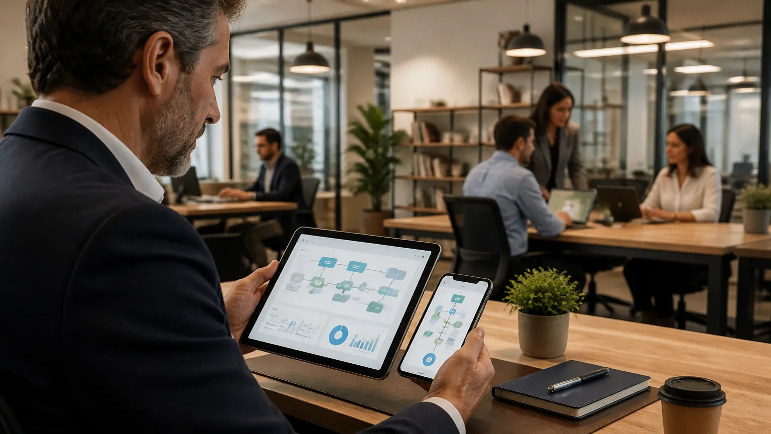 Equipe comercial utilizando app mobile para otimizar processos internos.