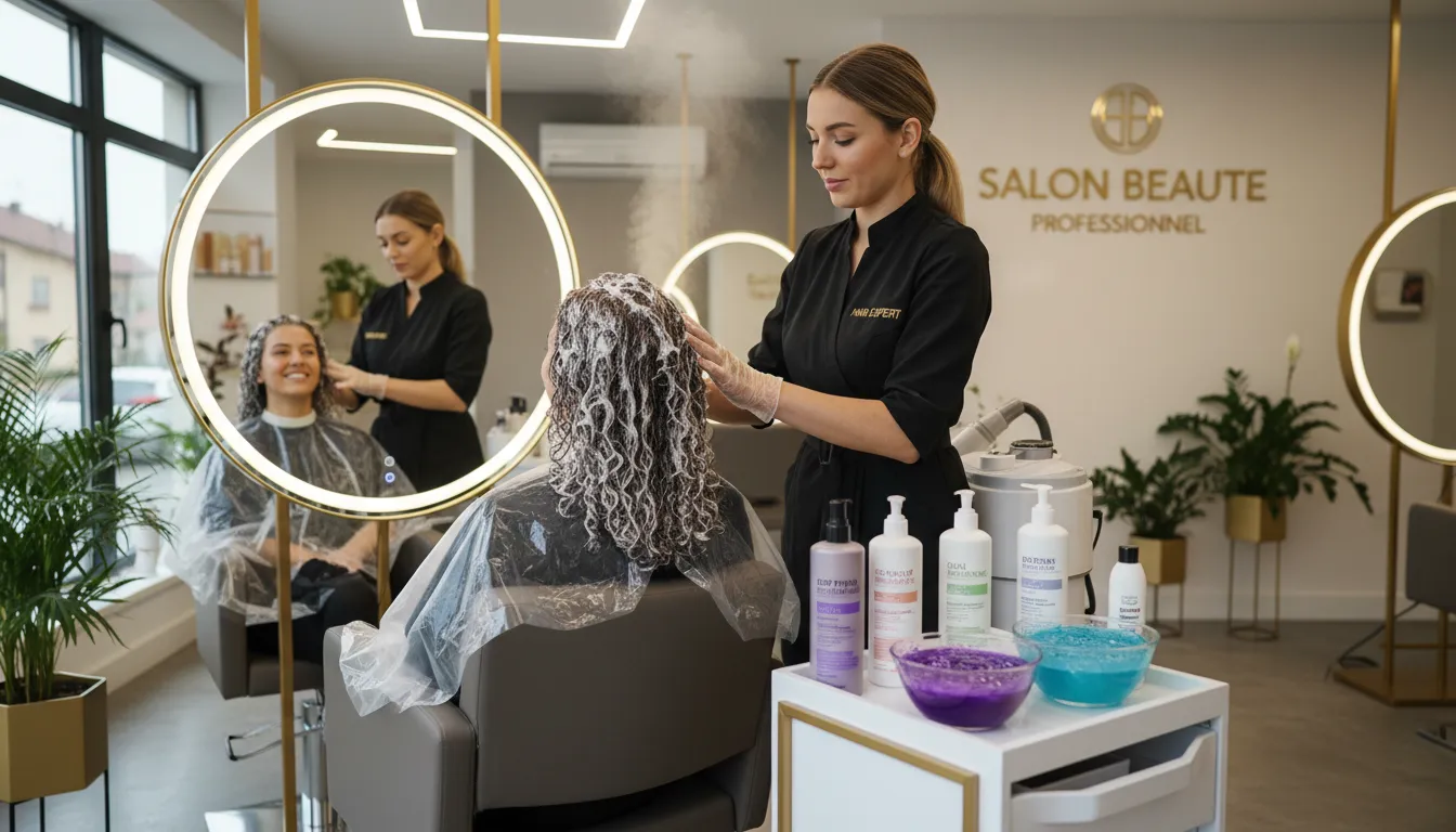 Profissional aplicando tratamento profundo em cabelo cacheado dentro de salão moderno e iluminado.