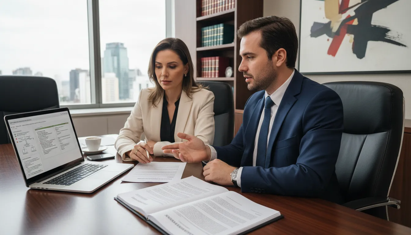 Advogado e gestor de RH debatendo estratégias de negociação coletiva diante da reforma tributária