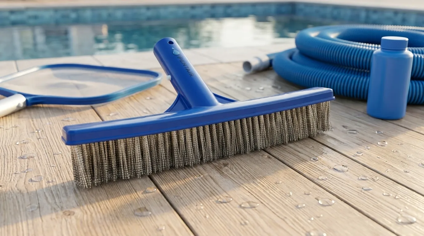 Detalhe de escova piscina para limpeza sobre deck de madeira molhado