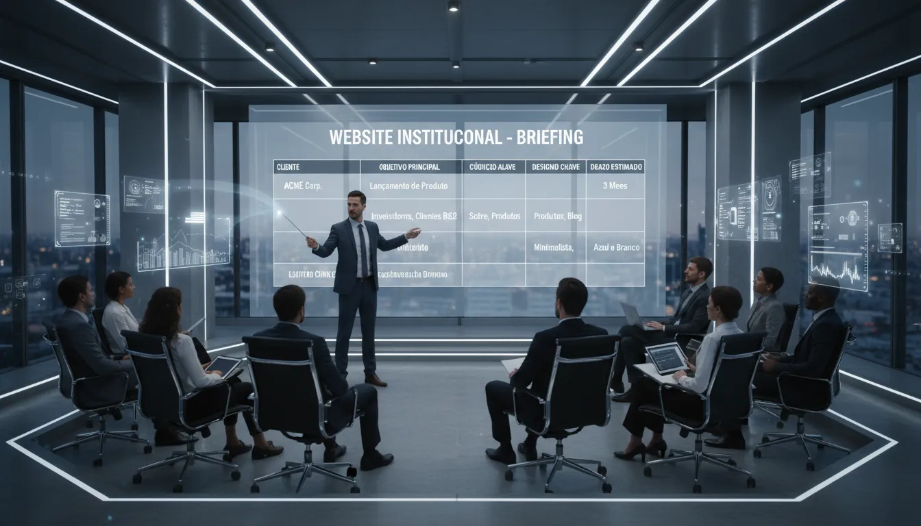 Modelo de Briefing para Criação de Site Institucional em 2026 3 Profissional apresentando tabela de briefing para site institucional em reunião em ambiente tecnológico.