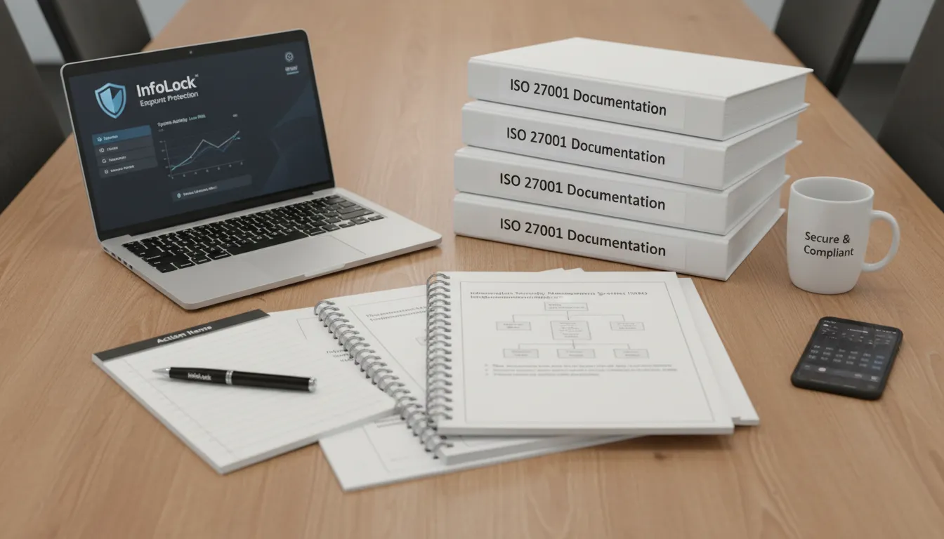 Mesa com documentação ISO 27001, laptop e itens organizados, representando gestão estruturada da segurança.