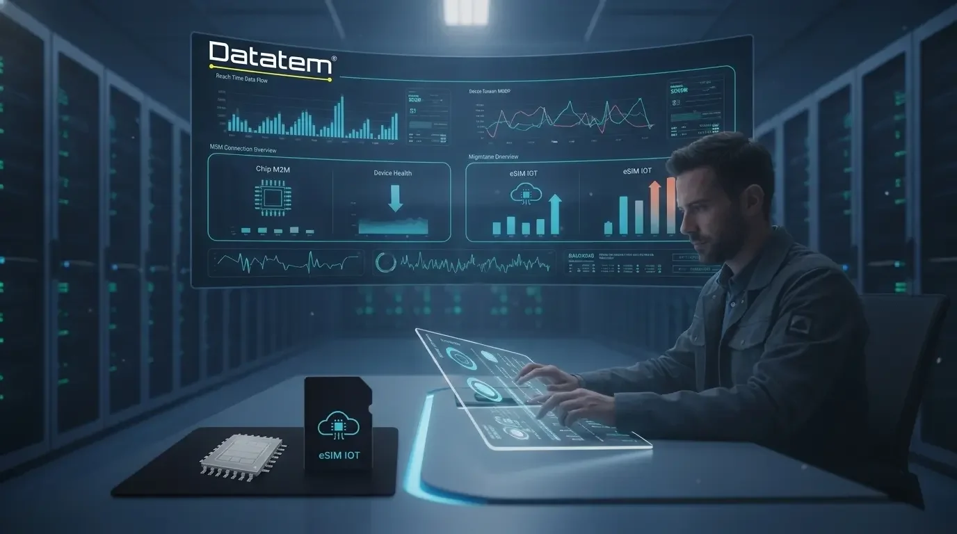 Plataforma Datatem gerenciando conectividade, com engenheiro analisando eSIM IoT vs chip M2M.