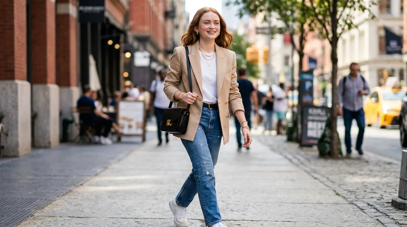 Estilo casual chic urbano com semijoias douradas inspirado nas produções de Sadie Sink na moda atual.