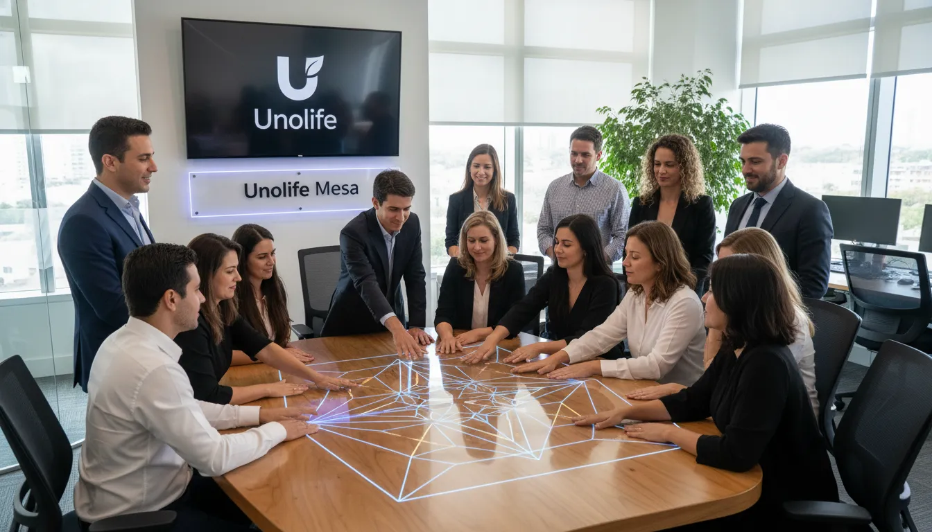 Grupo de pessoas reunidas ao redor de uma mesa apométrica em um ambiente de escritório moderno e acolhedor. Unolife e a mesa apométrica para transformar energias.