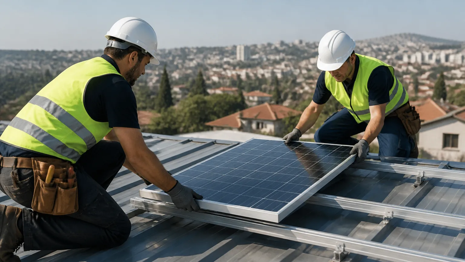 Técnicos instalando sistema fotovoltaico com crédito para energia solar em condomínios sustentáveis.