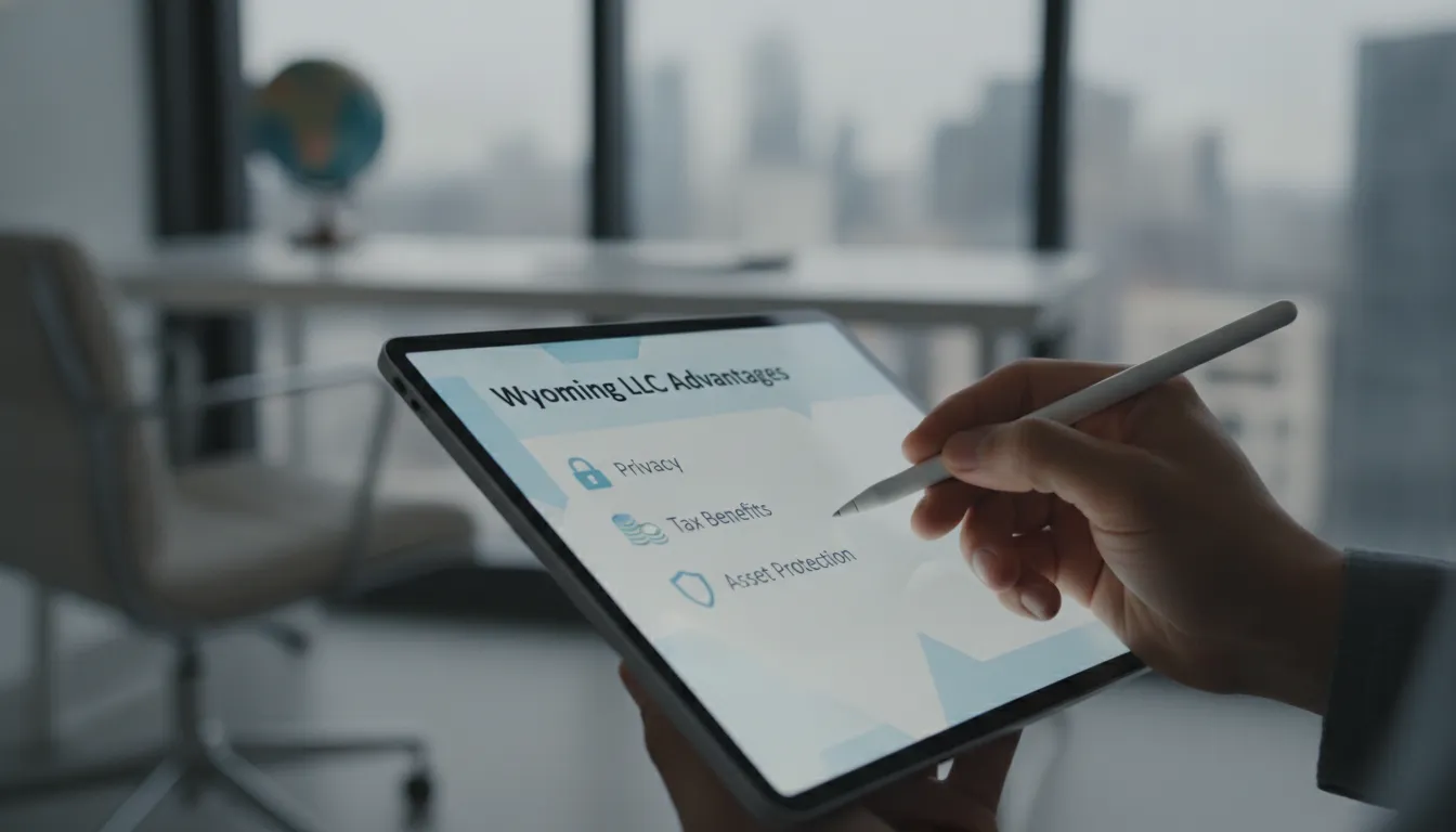 Mão interage com tablet exibindo wyoming llc benefits, detalhando vantagens como privacidade e proteção.