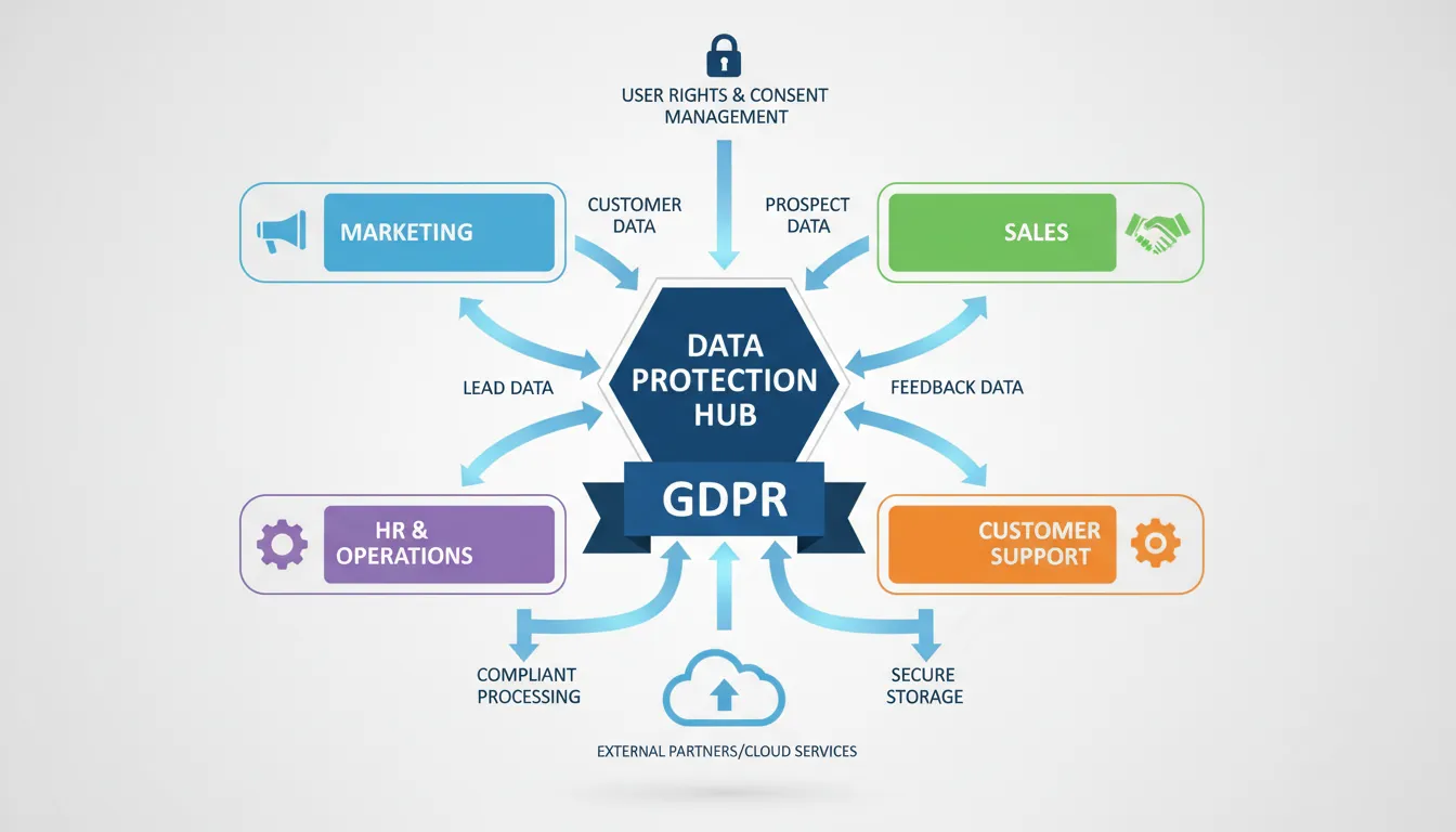 Diagrama digital mostrando o fluxo de dados pessoais em uma empresa, ilustrando gdpr o que é e como afeta diferentes departamentos.