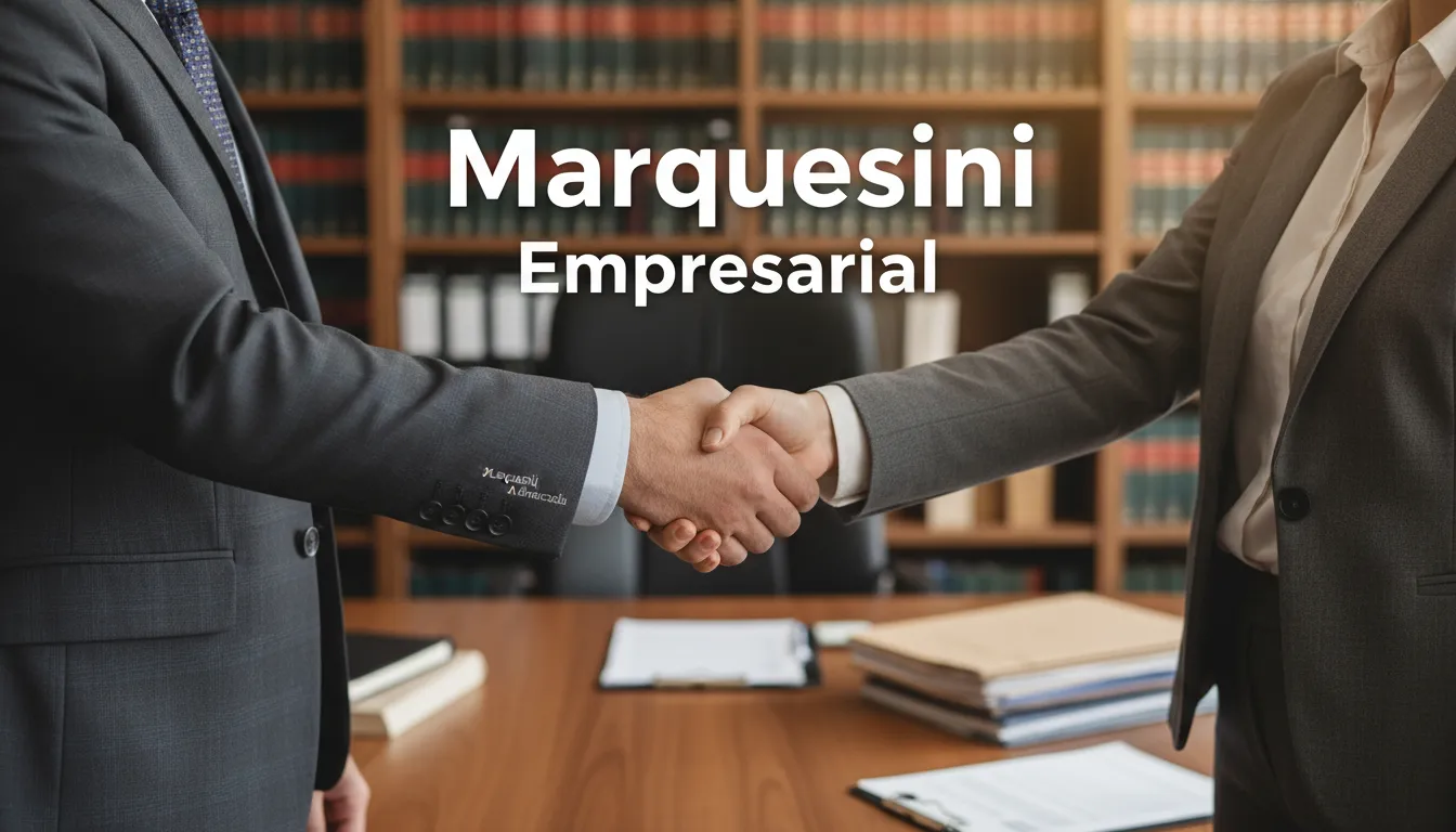 Aperto de mãos entre um advogado e um empresário, representando o acordo em um contrato de prestação de serviços, com a Marquesini Advocacia ao fundo.