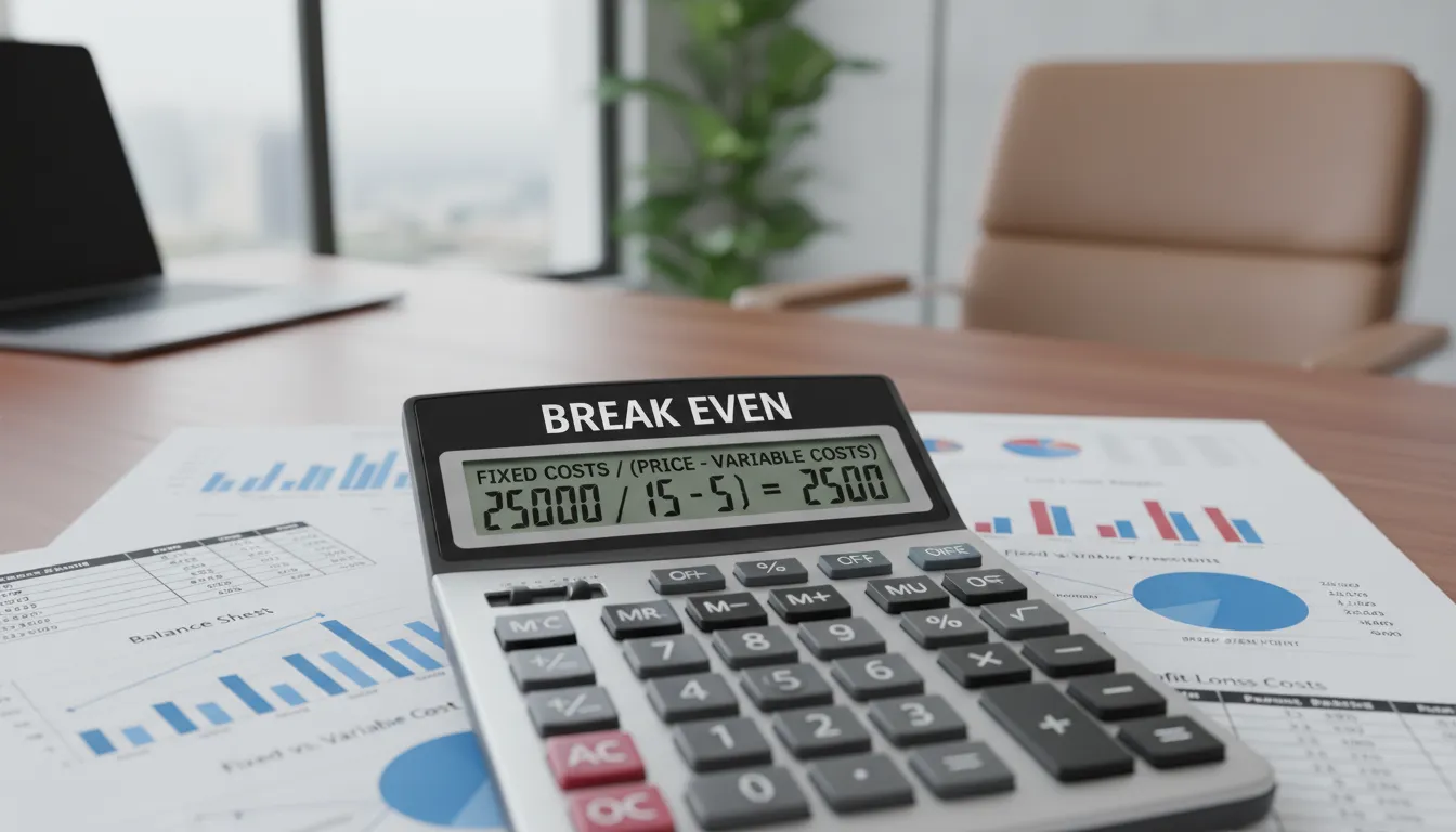 Calculadora mostrando o cálculo do ponto de equilíbrio financeiro em um escritório moderno, representando a análise de custos.