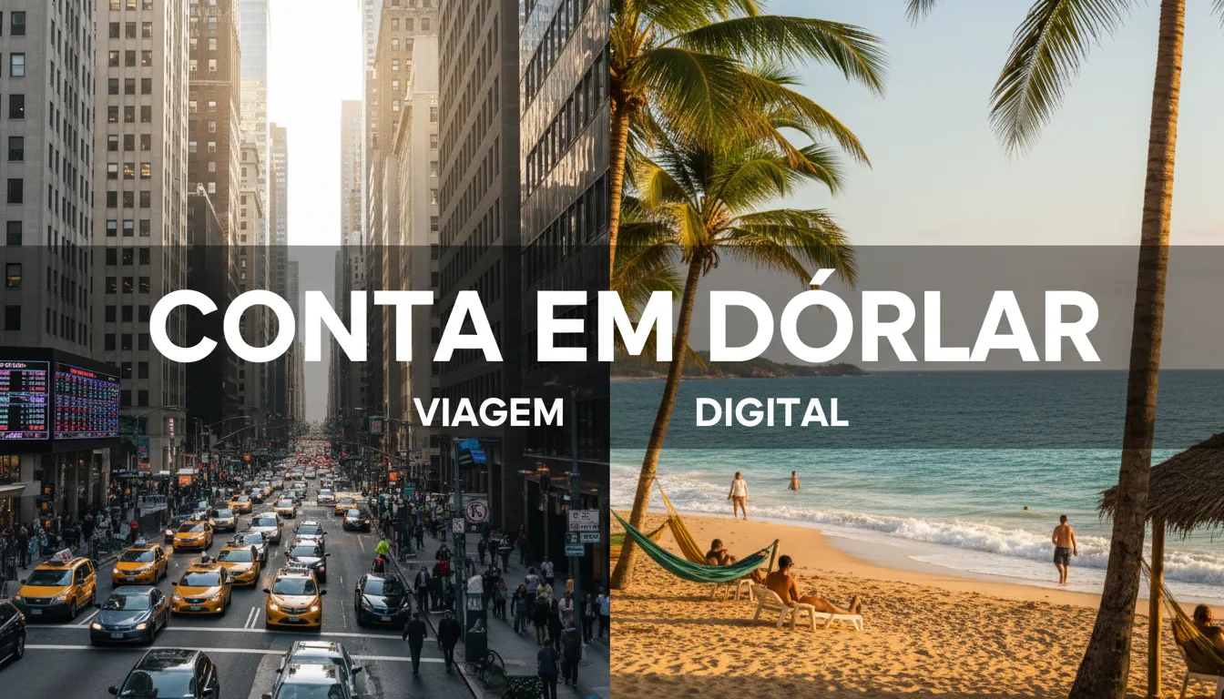 Imagem dividida: distrito financeiro dos EUA e praia brasileira, simbolizando abrir conta em dolar viajando ou digitalmente. Estilo realista.