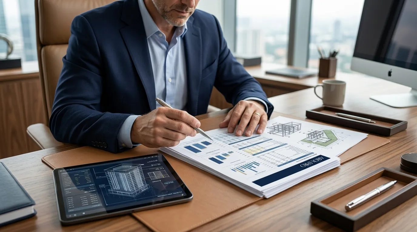 Investidor examinando viabilidade financeira de produto imobiliário estruturado com dados e métricas reais.