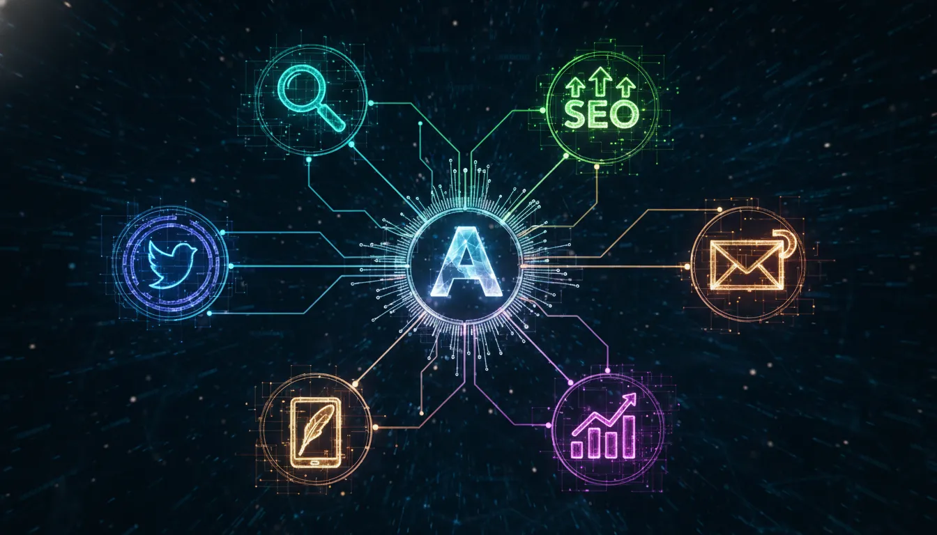 Ecossistema marketing digital integrado: redes sociais, SEO, email, conteúdo e analytics. Soluções Airticles.ai.