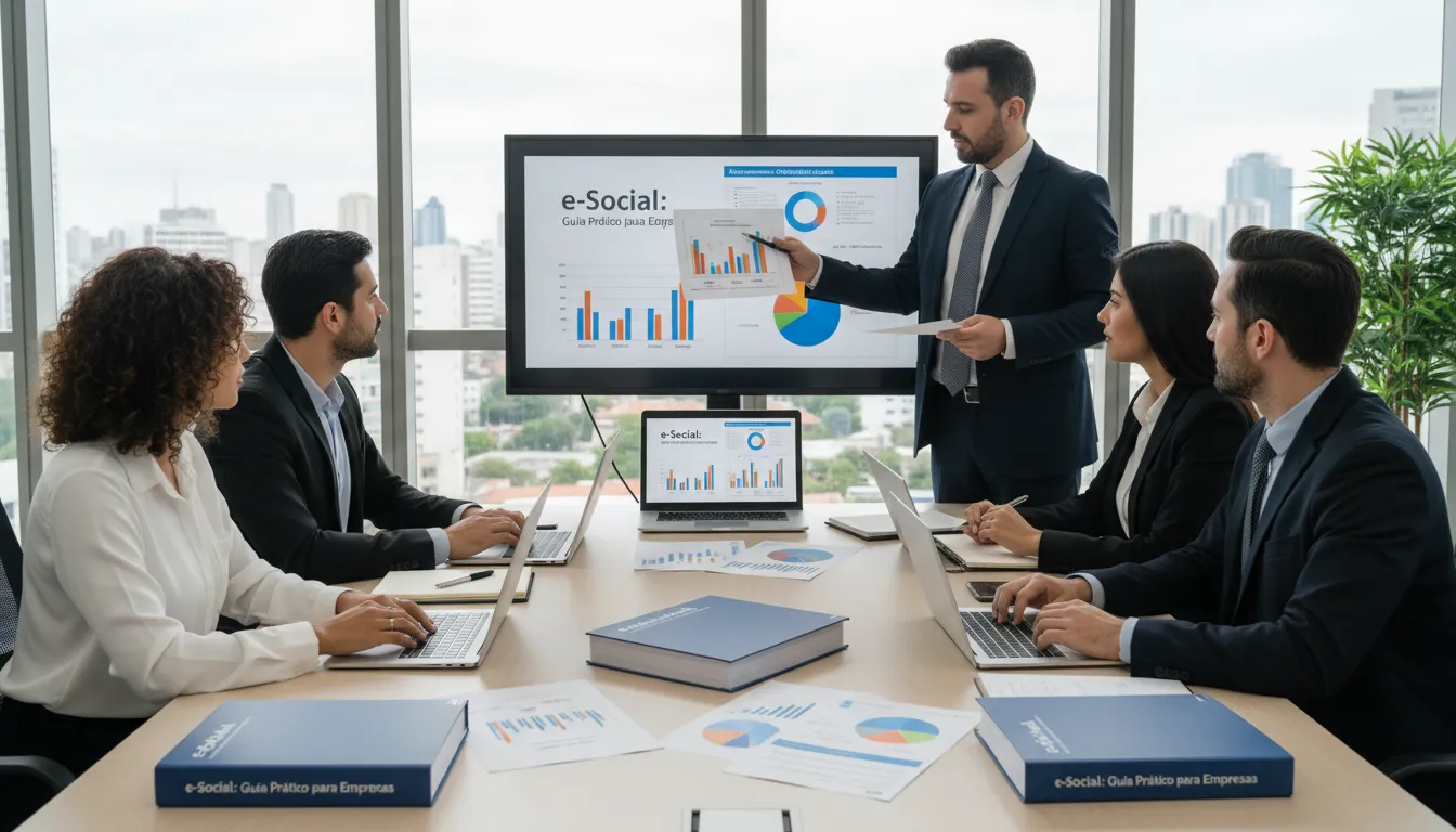Consultor contábil orientando empresários sobre boas práticas e-Social em empresa moderna.