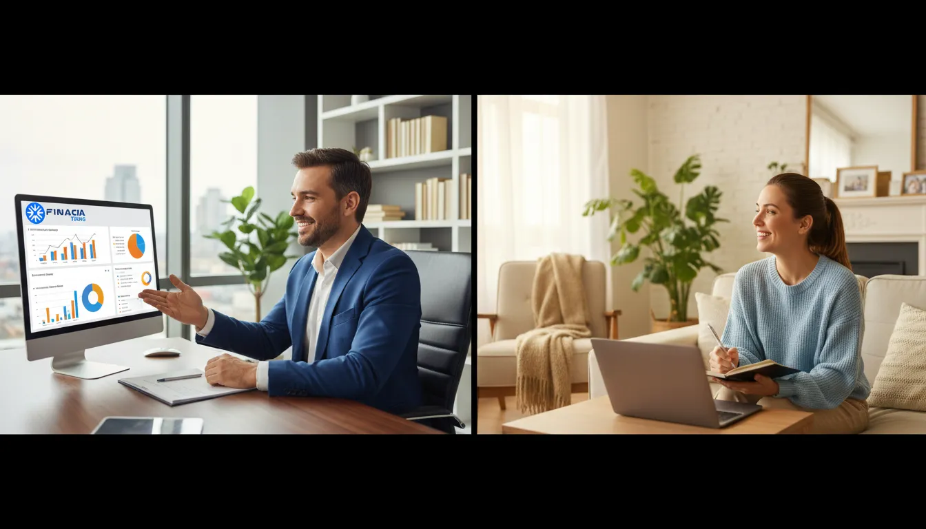 Consultor financeiro atrai clientes para crédito redes sociais, demonstrando o atendimento personalizado da Financia Tudo.