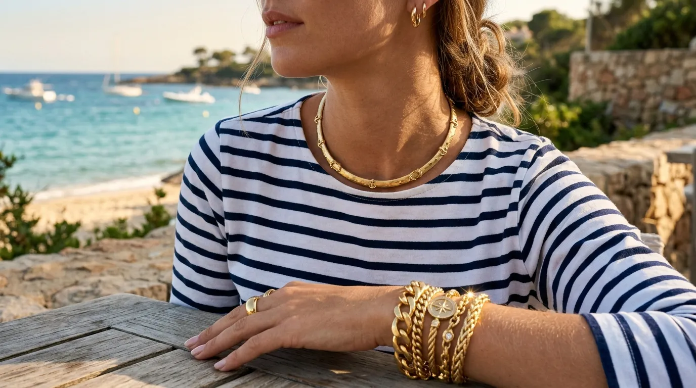 Detalhe de colar choker e pulseiras de ouro inspirados no Sailorcore: o estilo marinheiro chic para o verao.